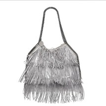 Stella McCartney Metallic Silver Falabella Tote Shaggy Tiered Fringe Veg... - $712.80