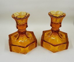Fostoria Coin Amber Glass Candle Stick Holders Pair 5&quot; - £19.65 GBP