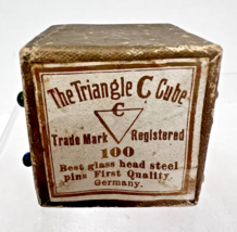 Vintage Triangle C Cube Colored Glass Head Steel Pins Box Germany Used - $14.36