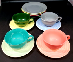 Hazel Atlas Milk Glass Ovide Platonite  4 Cups and Saucer with 4 Lunch Plates 7&quot; - £39.55 GBP