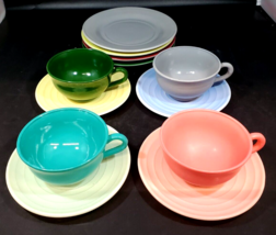 Hazel Atlas Milk Glass Ovide Platonite  4 Cups and Saucer with 4 Lunch P... - $49.49