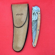 Deejo 37g (9cm) Wood handle and Eagle Design Pocket Knife with sheath, great EDC - £69.77 GBP
