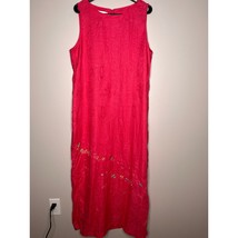 1990s Susan Bristol Pink Blue Paisley Floral Embroidered Linen Midi Dres... - $30.00