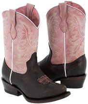 Kids Girls Pink Dark Brown Plain Leather Western Cowgirl Boots Rodeo Sni... - £41.27 GBP