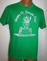 Vintage 80s Happy St Patricks Day Leprechaun Single Stitch 50/50 Green T-SHIRT M - £31.00 GBP