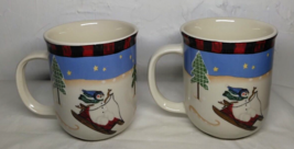 Set of 2 Snowmen Sledding Skiing Coffee Tea Mug  3&quot; x 3 3/4&quot; Winter Fun - £20.53 GBP