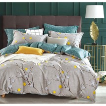Comforter Queen Size, 600 Thread Count Cotton Grey Branch With Yellow Turquoise  - £87.92 GBP