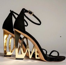 Gold love heel sandals women sexy wedge high heels ankle strap sandalias novelty summer thumb200