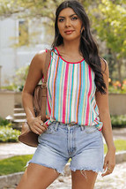 Rose Stripe Rainbow Eyelet Knit Button Decor Tank Top - £12.33 GBP