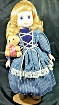 Vintage Porcelain Doll 16&quot; - Blue Dress with Teddy Bear with Stand - £9.98 GBP