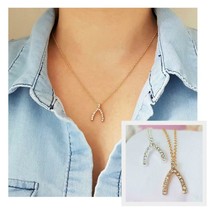 Tiny Sparkling Wishbone Necklace 0.75&quot; Pendant 17&quot; Chain Rhinestone Make A Wish - £6.25 GBP