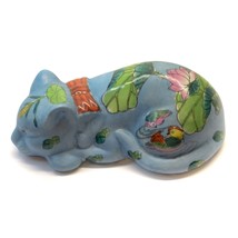 Vintage Ceramic Blue Hand Painted Flower Lily Bird Bow Cat Ceramic Figur... - $14.82