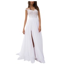 O-Neck Applique Lace Up Thigh-High Slit Dress  Formal Dress White Long D... - $134.16 CAD
