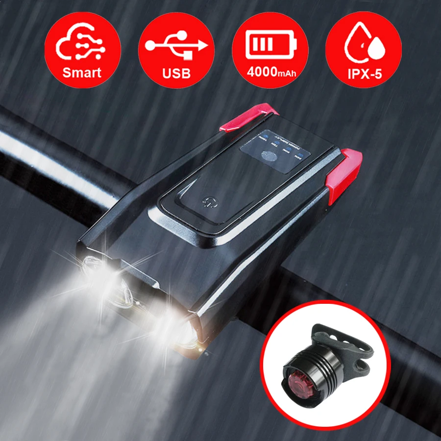 4000mAh Induction Bicycle Front Light Set USB Rechargeable Smart Headlight With - £8.27 GBP+