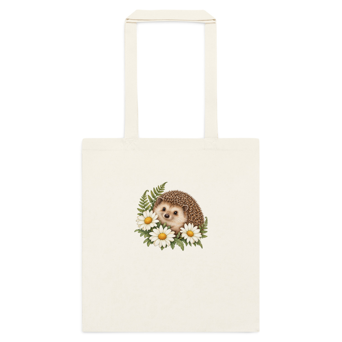 Hedgehog Daisy Cotton Tote Bag - Cottagecore Garden Gift - Natural
