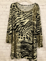 Susan Graver Women Large Animal Print Tunic Top Black Tan Ruched Sleeve Stretch - £13.83 GBP