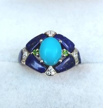 Sleeping Beauty Turquoise / Lapis / Multi Gem Ring in Rhodium Over Sterling Sz 7 - £104.19 GBP