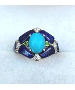 Sleeping Beauty Turquoise / Lapis / Multi Gem Ring in Rhodium Over Sterl... - £102.19 GBP