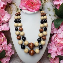 Vintage 2 Strand Brown Wood &amp; Black Lucite Beaded Gold Tone Costume Necklace - £14.90 GBP