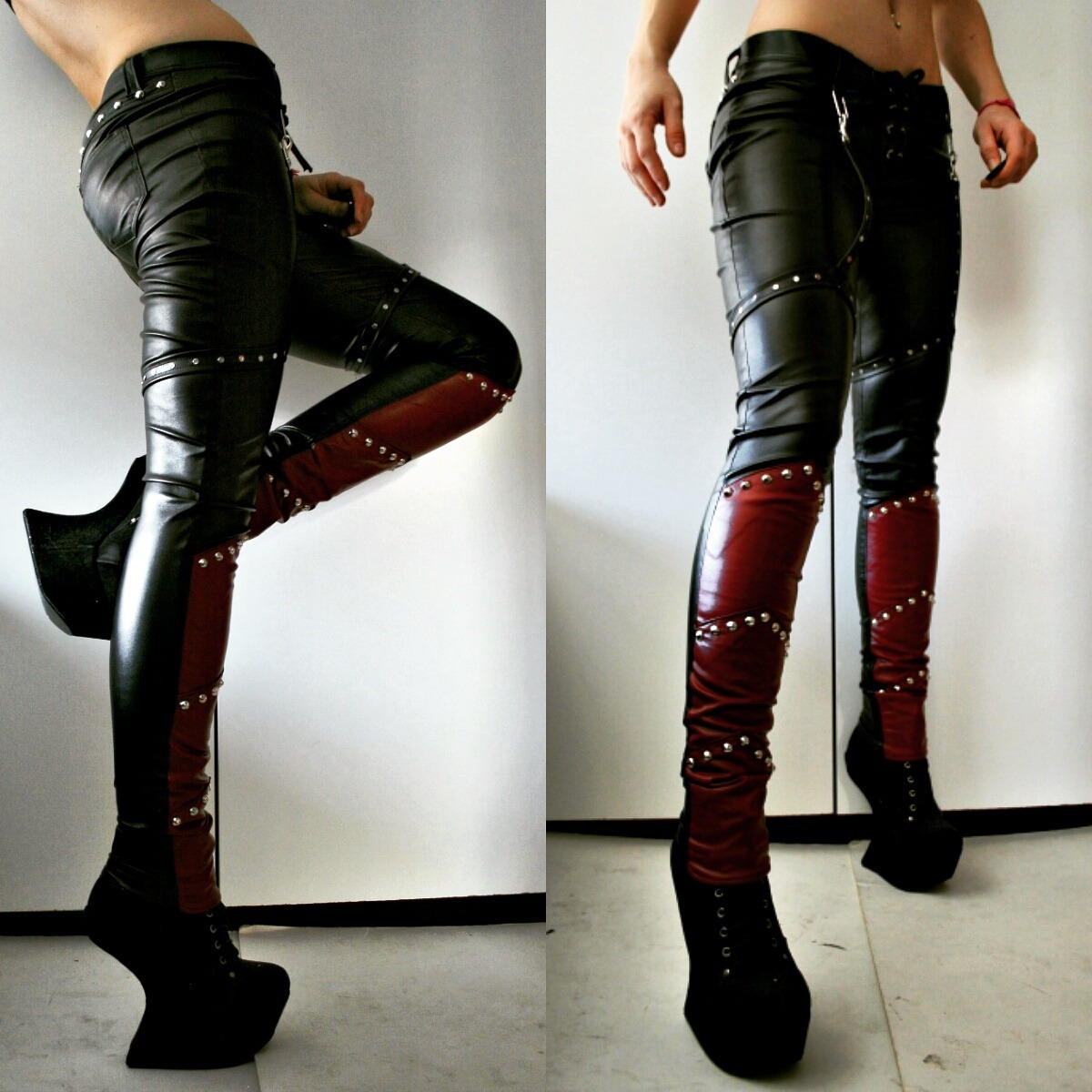 Women Black And Red Silver Studded Zipper Genuine Leather Waist Belted  Pants