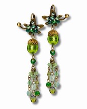 Brass Green Floral Drop Chandelier Earrings w/ Swarovski Crystals 6.6cm/... - $159.08