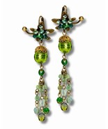 Brass Green Floral Drop Chandelier Earrings w/ Swarovski Crystals 6.6cm/... - $159.08