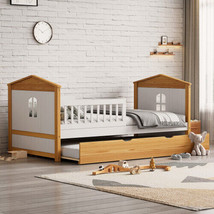 Twin Size House Shape Bed with Trundle Wooden Bed for Girls Boys Teens - £225.62 GBP