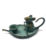 Brass Vintage Mouse Paddling on Leaf Taper Candle Holder - $49.50