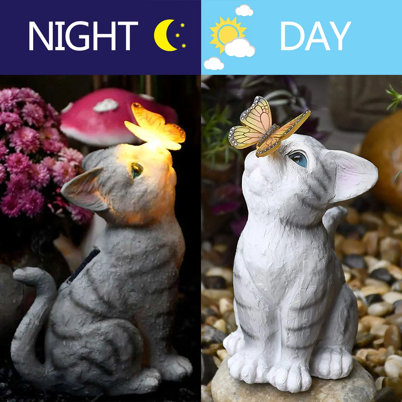 Garden Statue, Outdoor Resin Statue, Solar LED Lights Cat and  Figurine - £246.71 GBP