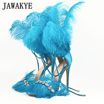Sexy Crystal Tassels Feather Decor Women Sandals Ankle Tied Cover Heel Stilettos - £103.91 GBP