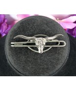 LONGHORN STEER Vintage TIE CLASP Bar WESTERN Cattle Bull Cowboy Silvertone - $21.77