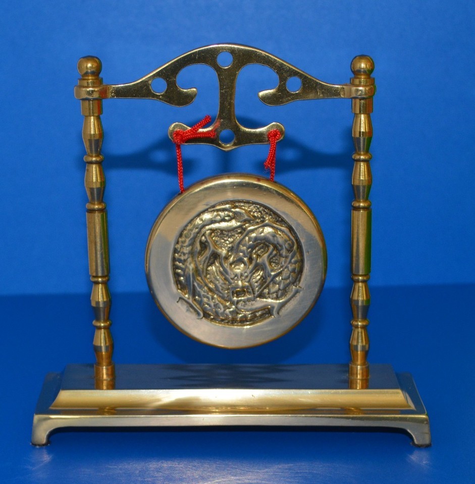 Figurine/Trinket-Vintage 1970&#39;s Brass Gong Bell Chinese Dragon Decor - $22.00