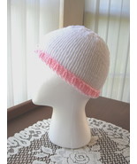 Hand Knitted Child&#39;s Acrylic Yarn Beanie Hat - White with Pink Trim - £17.22 GBP