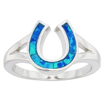 Sterling Silver Blue Inlay Opal Horseshoe Ring - £38.72 GBP
