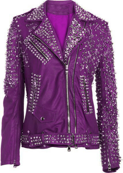 Women's Purple Color Genuine Leather Silver Spike Studded Brando Belted Jacket