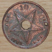 1889 Belgian Congo 10 Centimes 100K Rare Low Mint Big Copper Coin Leopold Ii KM4 - £55.82 GBP