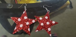 Faux Leather Dangle Earrings (New) Red W/ White Polka Dots Glitter Star - £4.44 GBP