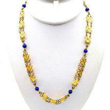 Butterfly Scrollwork Link Chain Necklace, Pretty Gold Tone with Blue Bead - £29.47 GBP