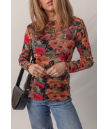 Multicolour Floral Print Lettuce Trim Long Sleeve Mesh Top - $14.44 CAD