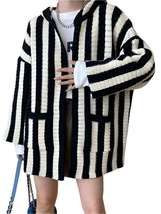 Casual Knitted Striped Cardigan For Women Hooded Contrast Color Loose Co... - £18.35 GBP