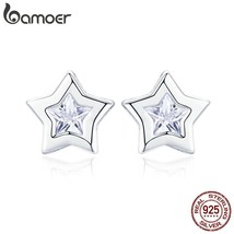 BAMOER New Arrival 925 Silver Sparkling Star Cubic Zircon Small Stud Earrings fo - £16.06 GBP
