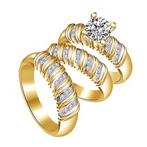 His Her Simulated Diamond Wedding Ring Trio Bridal Set Gold Plated Silver 2.5CT - £117.63 GBP