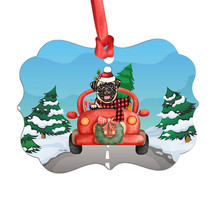 Funny Pug Dog Riding Red Truck Snow Winter Aluminum Ornament Christmas Gift - £13.25 GBP