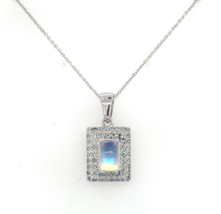 14k White Gold Rainbow Genuine Natural Moonstone Teal Sapphire Pendant (#J6260) - £1,179.13 GBP
