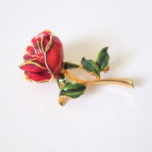 Vintage Goldtone Enamel Single Rose Brooch 2&quot; Long - $19.77