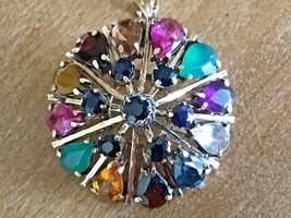 10k Princess Pin Pendant 10 Different Gemstones Round and Pear Cut 1 1/8” Wide - £221.56 GBP