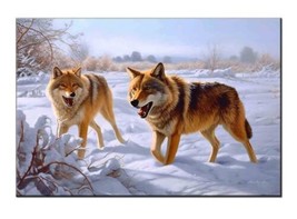 Snowy Wilderness Hunt - Artwork of Two Wolves Searching for Food Giclee - £7.44 GBP+