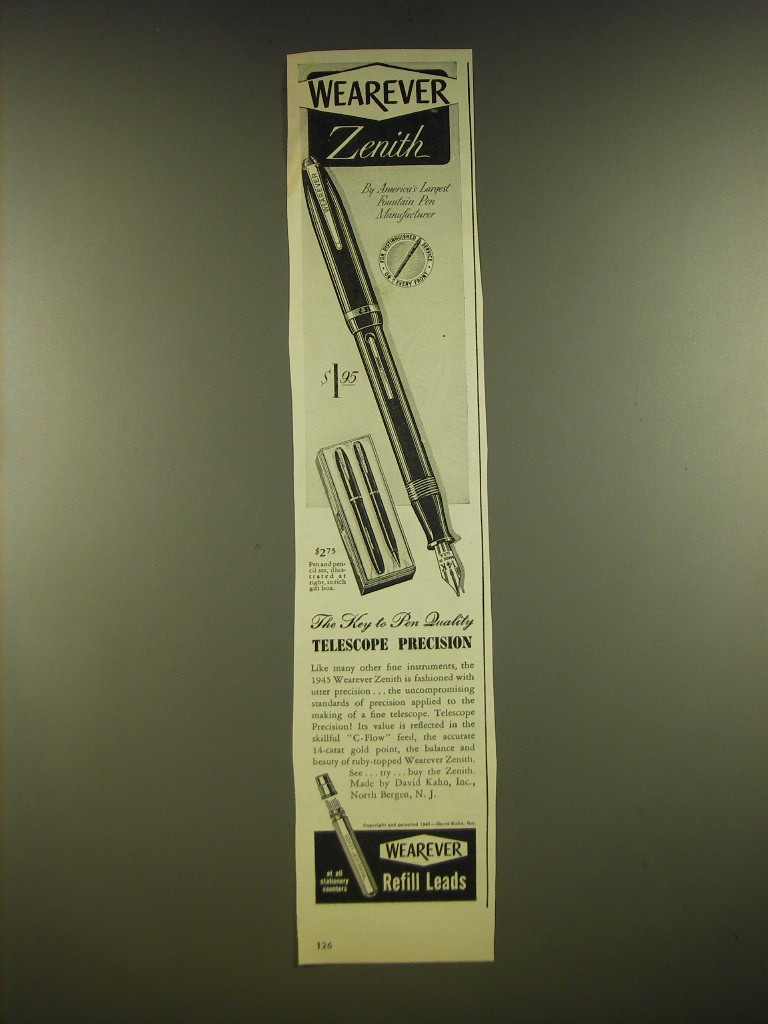 1945 Wearever Zenith Pen Ad - The key to pen quality telescope precision - $18.49