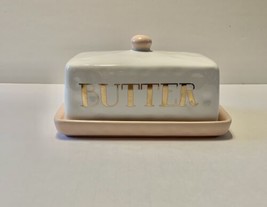 Butter Dish With Lid Glass White Pink Gold - $9.90