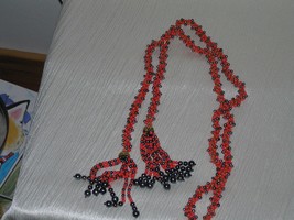 Estate Long Reddish Orange &amp; Metallic Gray Plastic Bead Tassel Necklace – 51 in - £10.95 GBP